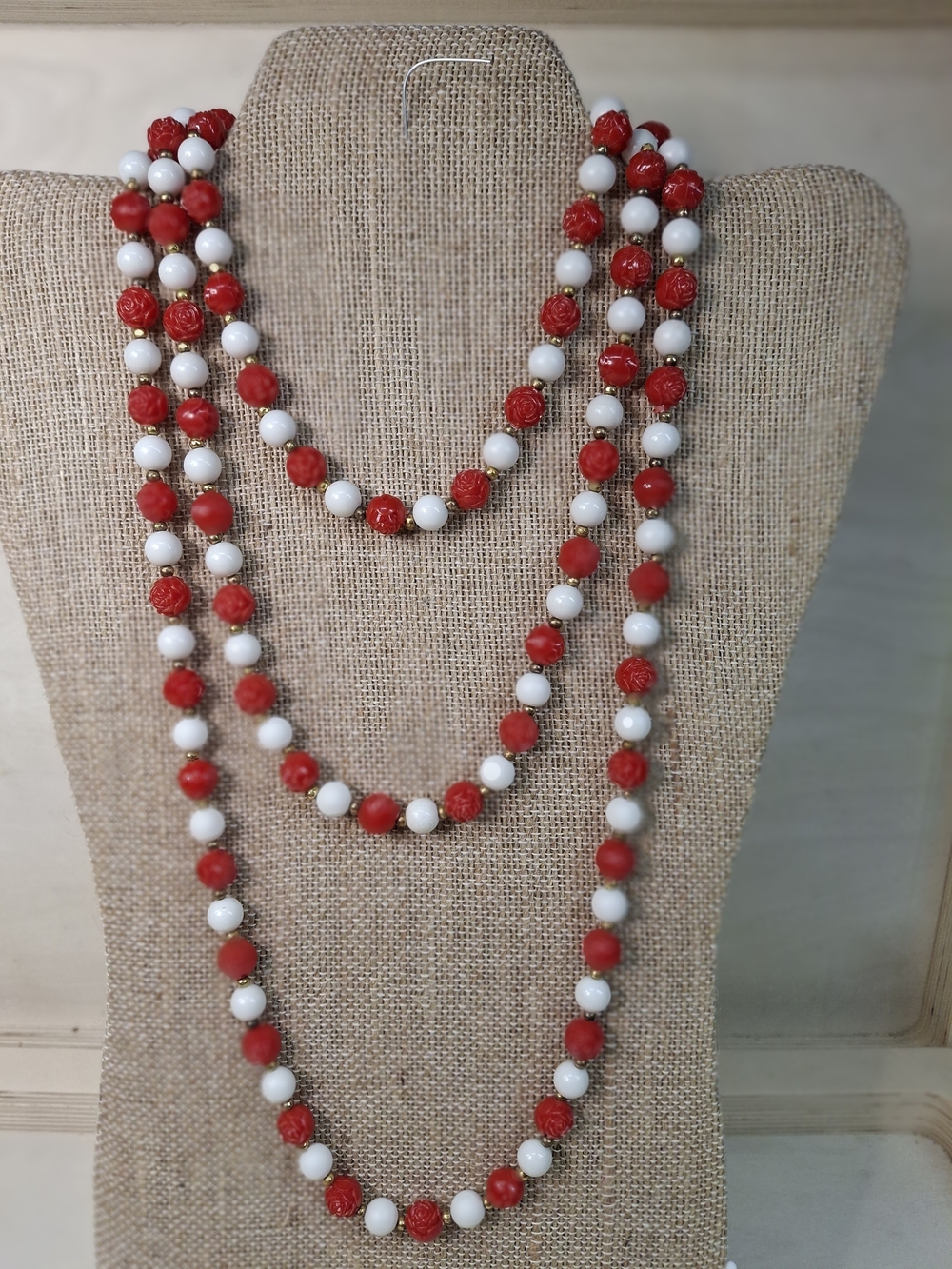 Triple-Strand Red and White Beaded Necklace - Women Jewelry